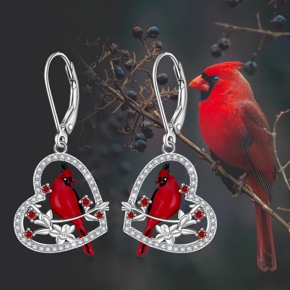 925 Red Cardinal Earrings for Women Dangle Sterling Silver W CZs - Picture 3 of 3